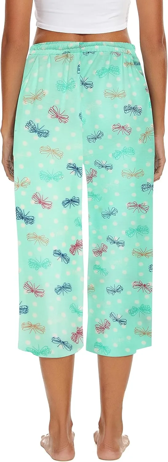 2 Pack Womens Pajama Pants Capri Sleep Lounge Pants Drawstring Pj Bottoms with Pockets