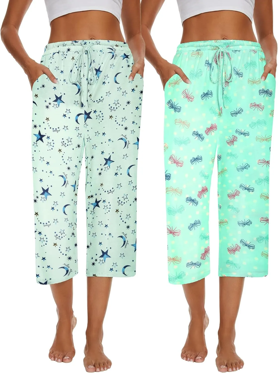 2 Pack Womens Pajama Pants Capri Sleep Lounge Pants Drawstring Pj Bottoms with Pockets