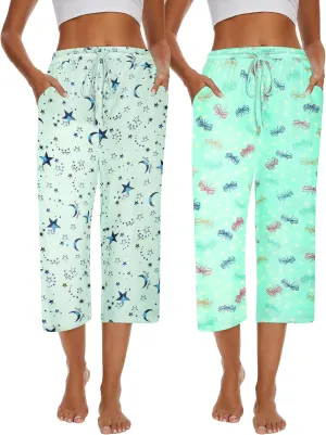 2 Pack Womens Pajama Pants Capri Sleep Lounge Pants Drawstring Pj Bottoms with Pockets