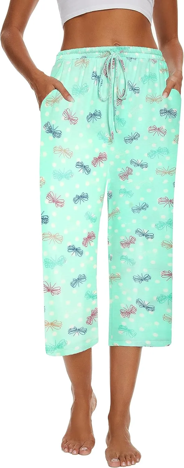 2 Pack Womens Pajama Pants Capri Sleep Lounge Pants Drawstring Pj Bottoms with Pockets