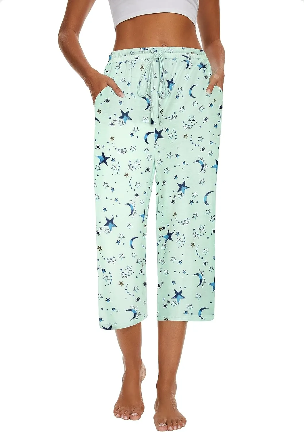 2 Pack Womens Pajama Pants Capri Sleep Lounge Pants Drawstring Pj Bottoms with Pockets