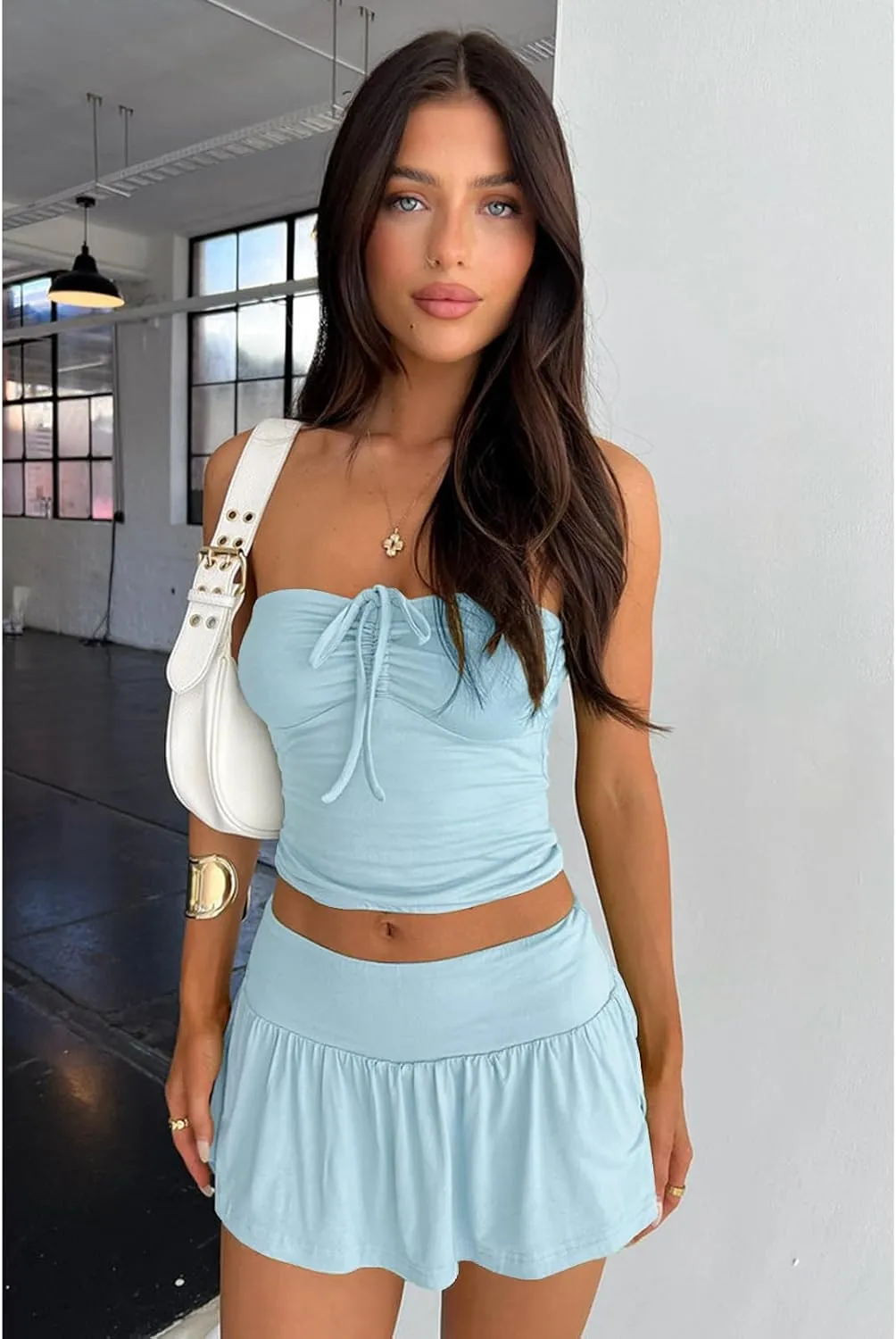 2 Piece Skirt Outfits for Women Y2k Summer Bandeau Going Out Crop Tops and Low Wasit Mini Skorts Sets