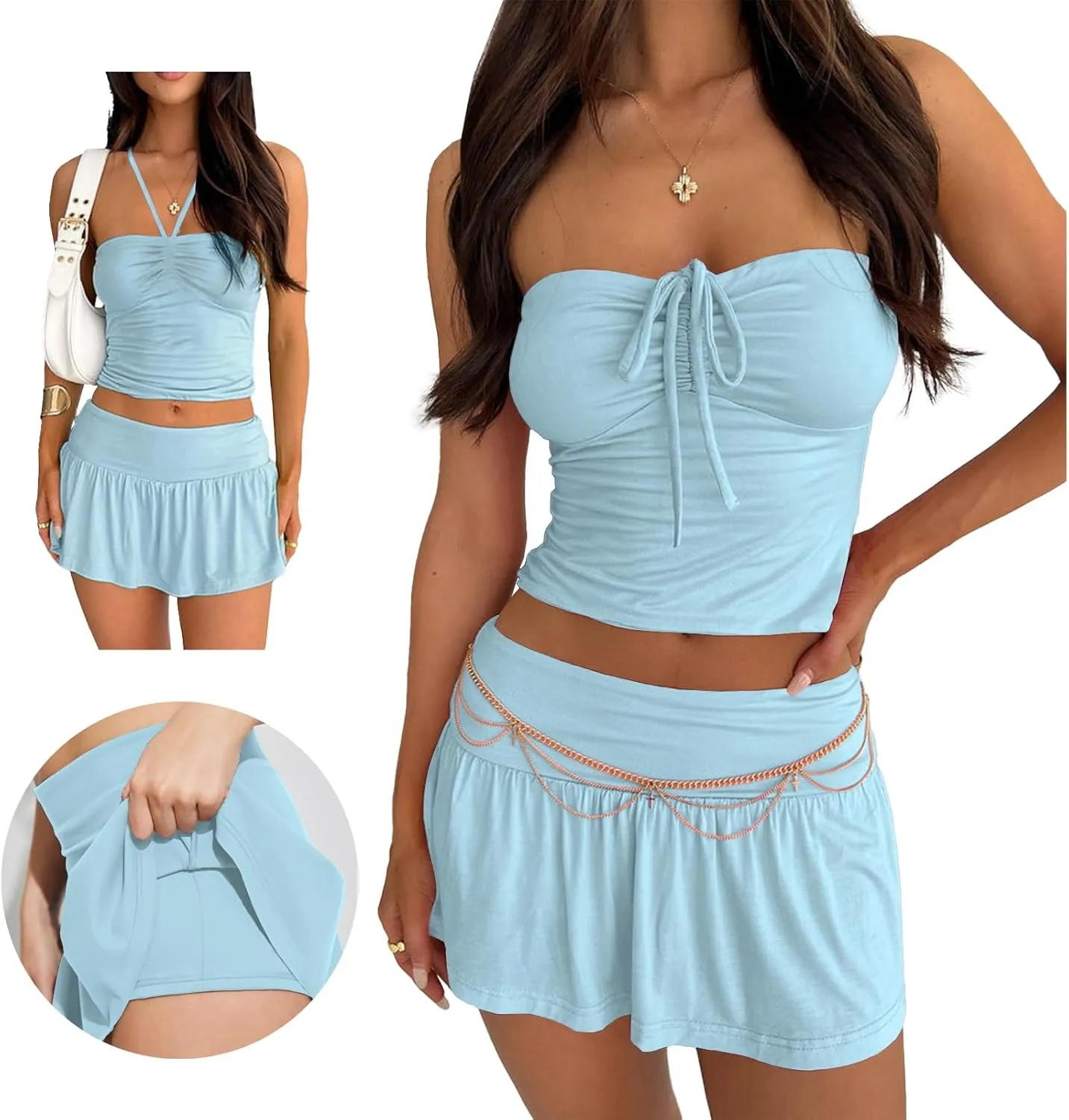 2 Piece Skirt Outfits for Women Y2k Summer Bandeau Going Out Crop Tops and Low Wasit Mini Skorts Sets