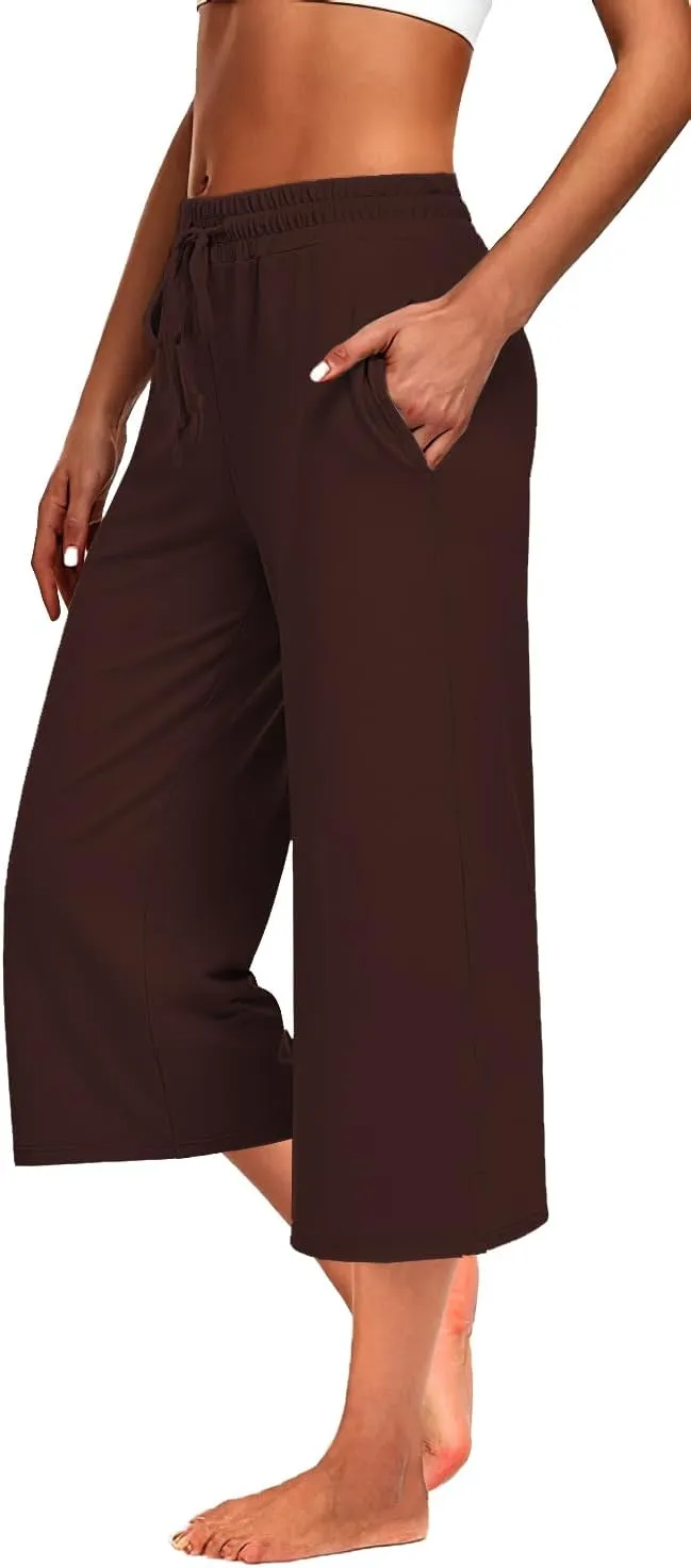 3 PACK Womens Capri Pants Loose Yoga Pants Wide Leg Drawstring Comfy Lounge Pajama Capris Loose Sweatpants with Pocket