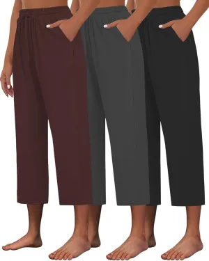 3 PACK Womens Capri Pants Loose Yoga Pants Wide Leg Drawstring Comfy Lounge Pajama Capris Loose Sweatpants with Pocket