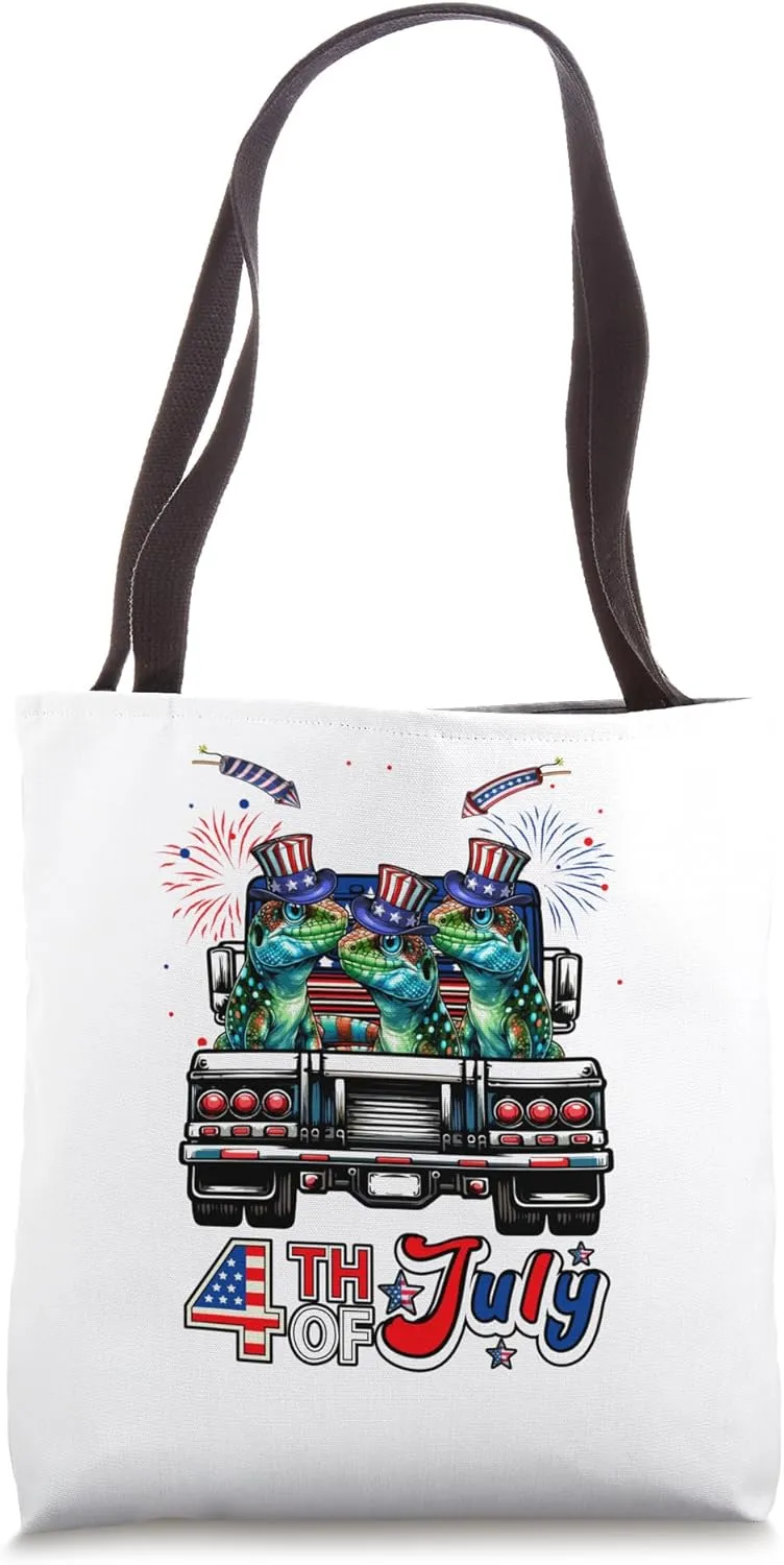 4th Of July US Flag Three Cute Lizards On Pickup Truck Tote Bag