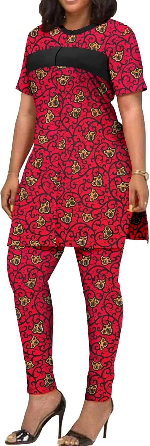 African Clothing for Women Short Sleeve Shirt and Print Pants 2 Piece Set Tracksuit Plus Size Dashiki Casual Outfit