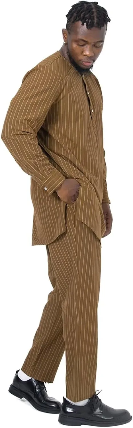 African Suit for Men Traditional Stripe Blazer and Pants 2 Piece Set Business Formal Dress Suit Party Wedding Evening