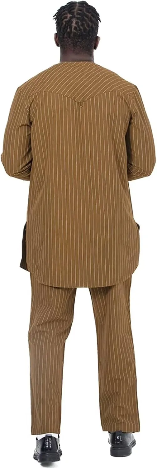 African Suit for Men Traditional Stripe Blazer and Pants 2 Piece Set Business Formal Dress Suit Party Wedding Evening