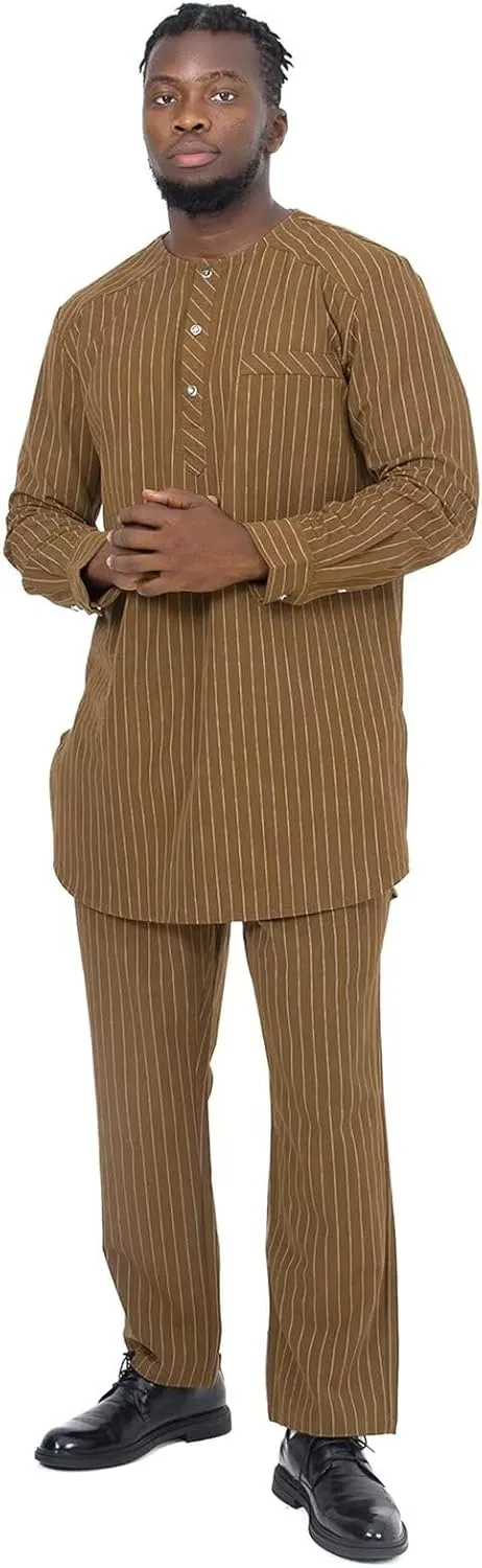 African Suit for Men Traditional Stripe Blazer and Pants 2 Piece Set Business Formal Dress Suit Party Wedding Evening