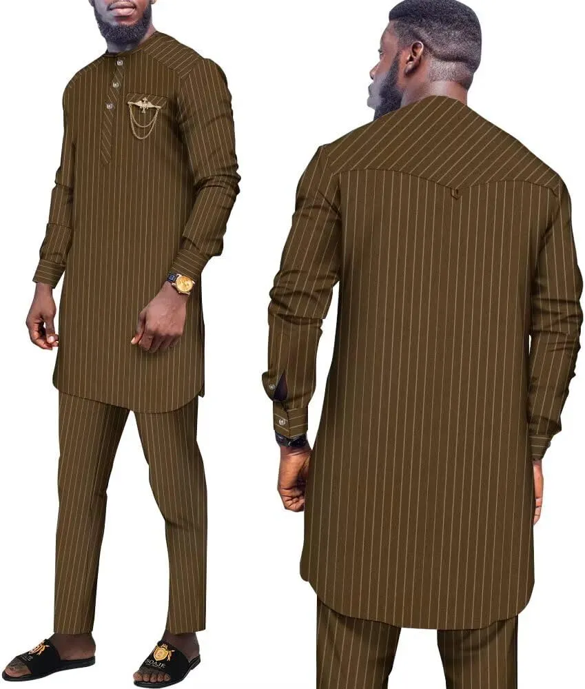 African Suit for Men Traditional Stripe Blazer and Pants 2 Piece Set Business Formal Dress Suit Party Wedding Evening