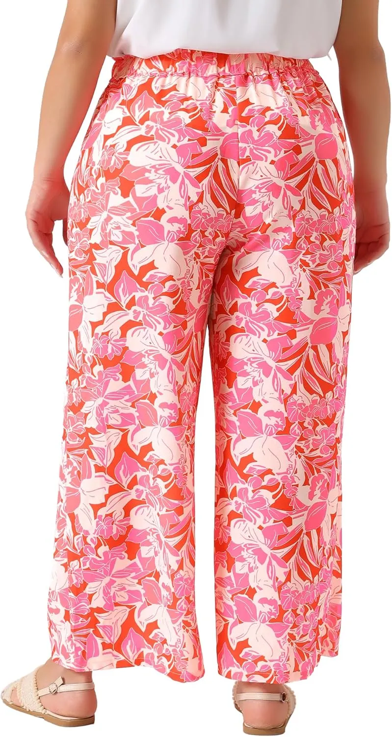 Agnes Orinda Plus Size Palazzo Pants for Women Floral Print High Waist Trousers Wide Leg Pants with Pocket