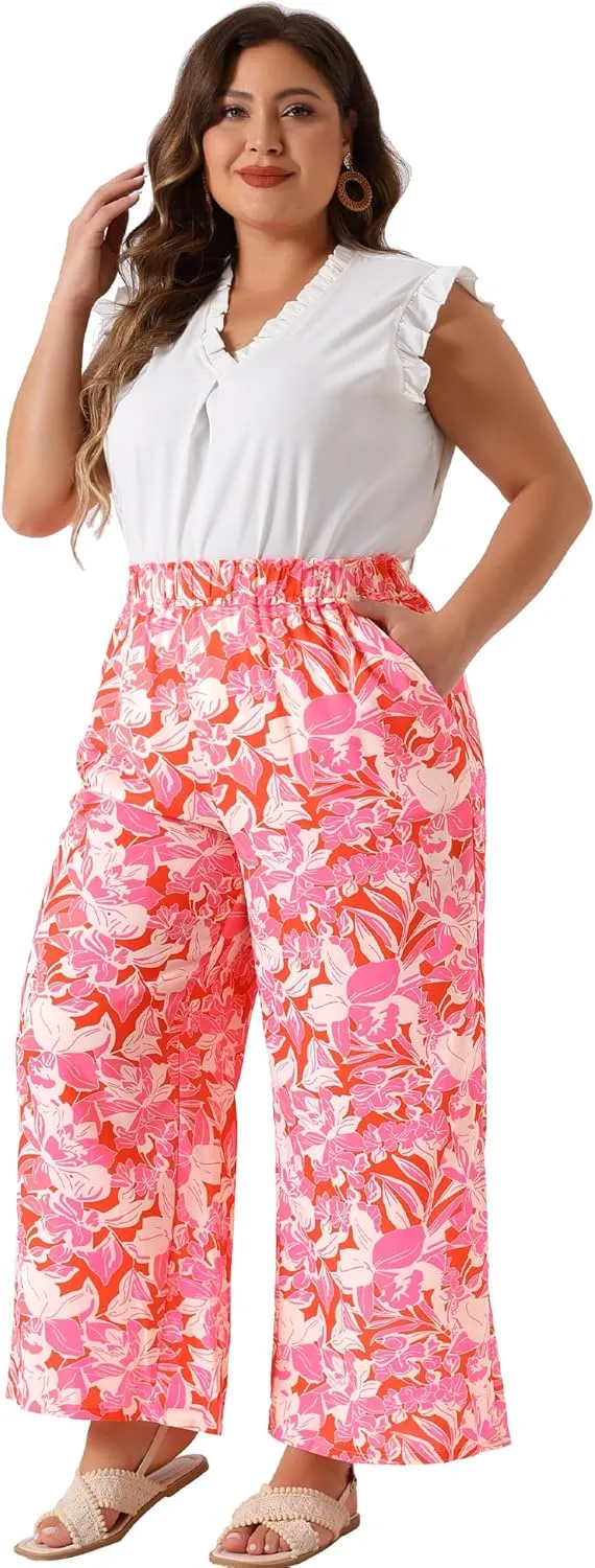 Agnes Orinda Plus Size Palazzo Pants for Women Floral Print High Waist Trousers Wide Leg Pants with Pocket