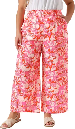 Agnes Orinda Plus Size Palazzo Pants for Women Floral Print High Waist Trousers Wide Leg Pants with Pocket