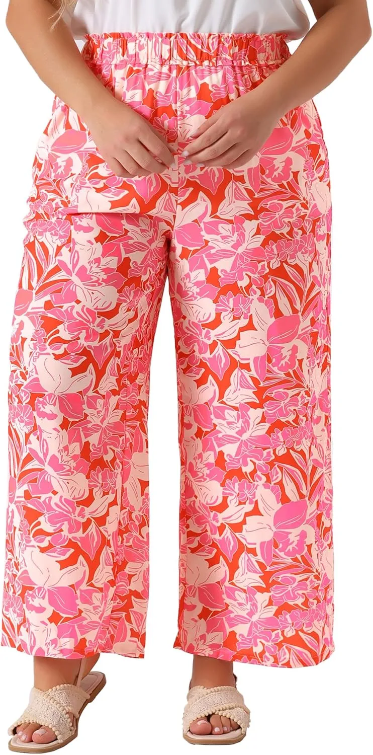 Agnes Orinda Plus Size Palazzo Pants for Women Floral Print High Waist Trousers Wide Leg Pants with Pocket