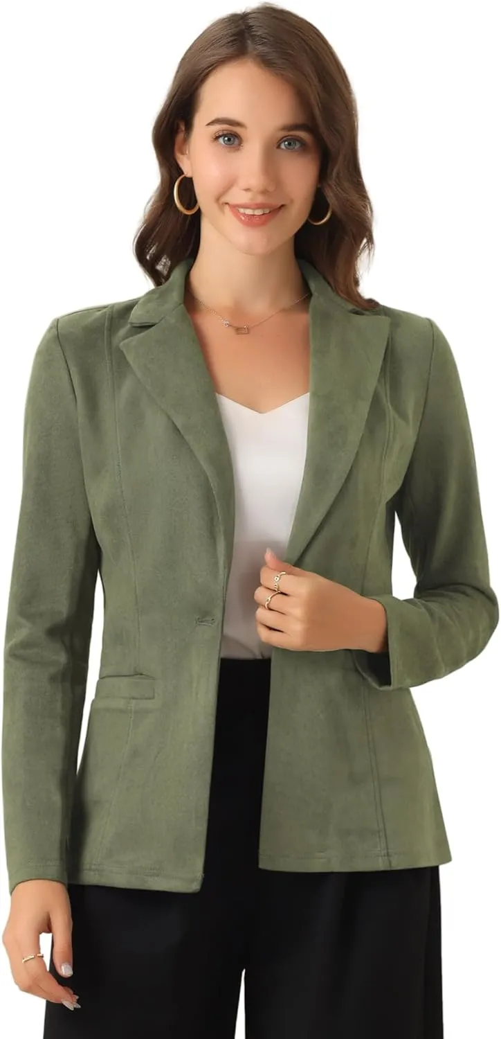 Allegra K Faux Suede Casual Blazer for Women's Lapel Collar Long Sleeve Work Office Jacket