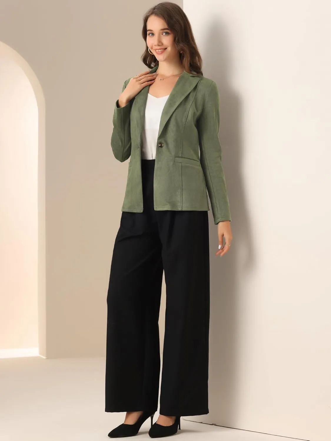 Allegra K Faux Suede Casual Blazer for Women's Lapel Collar Long Sleeve Work Office Jacket
