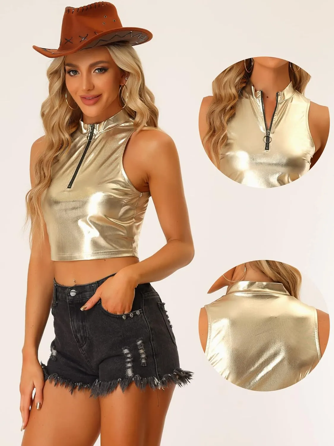 Allegra K Metallic Crop Tops for Women's Mock Neck Zip Up Sleeveless Shiny Holographic Tank Top
