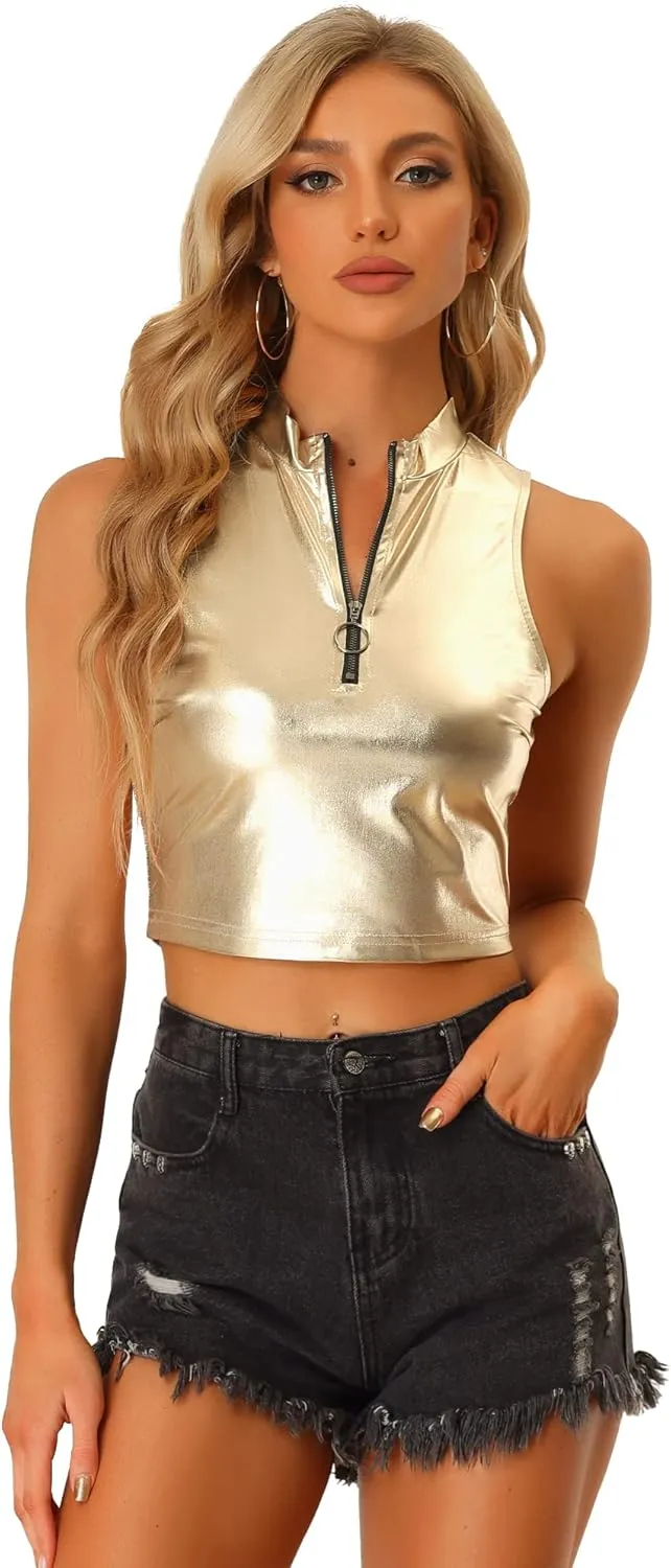 Allegra K Metallic Crop Tops for Women's Mock Neck Zip Up Sleeveless Shiny Holographic Tank Top