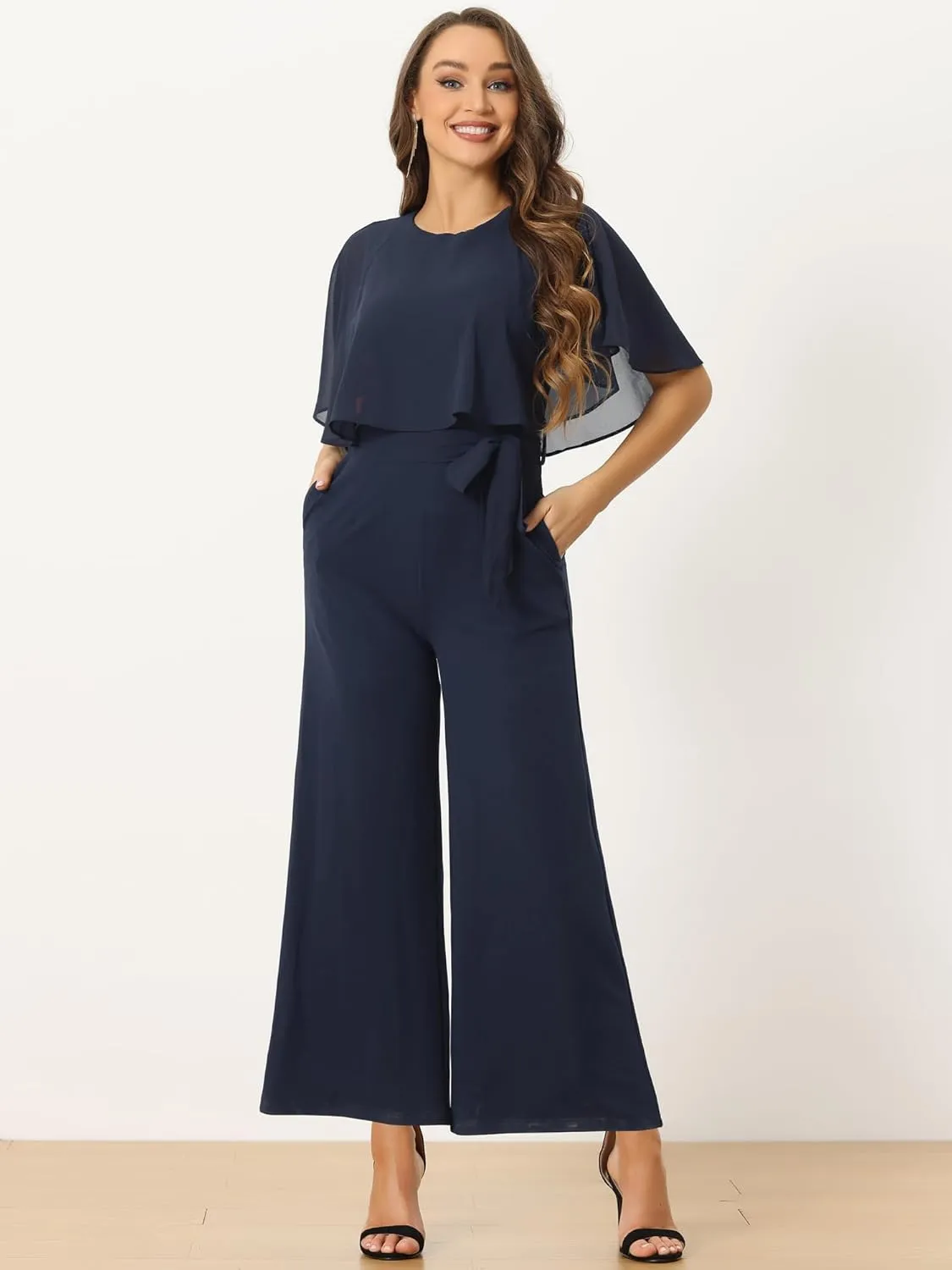 Allegra K Ruffle Sleeve Jumpsuit for Women's Dressy Casual Tie Waist Wide Leg Pants One Piece Outfits