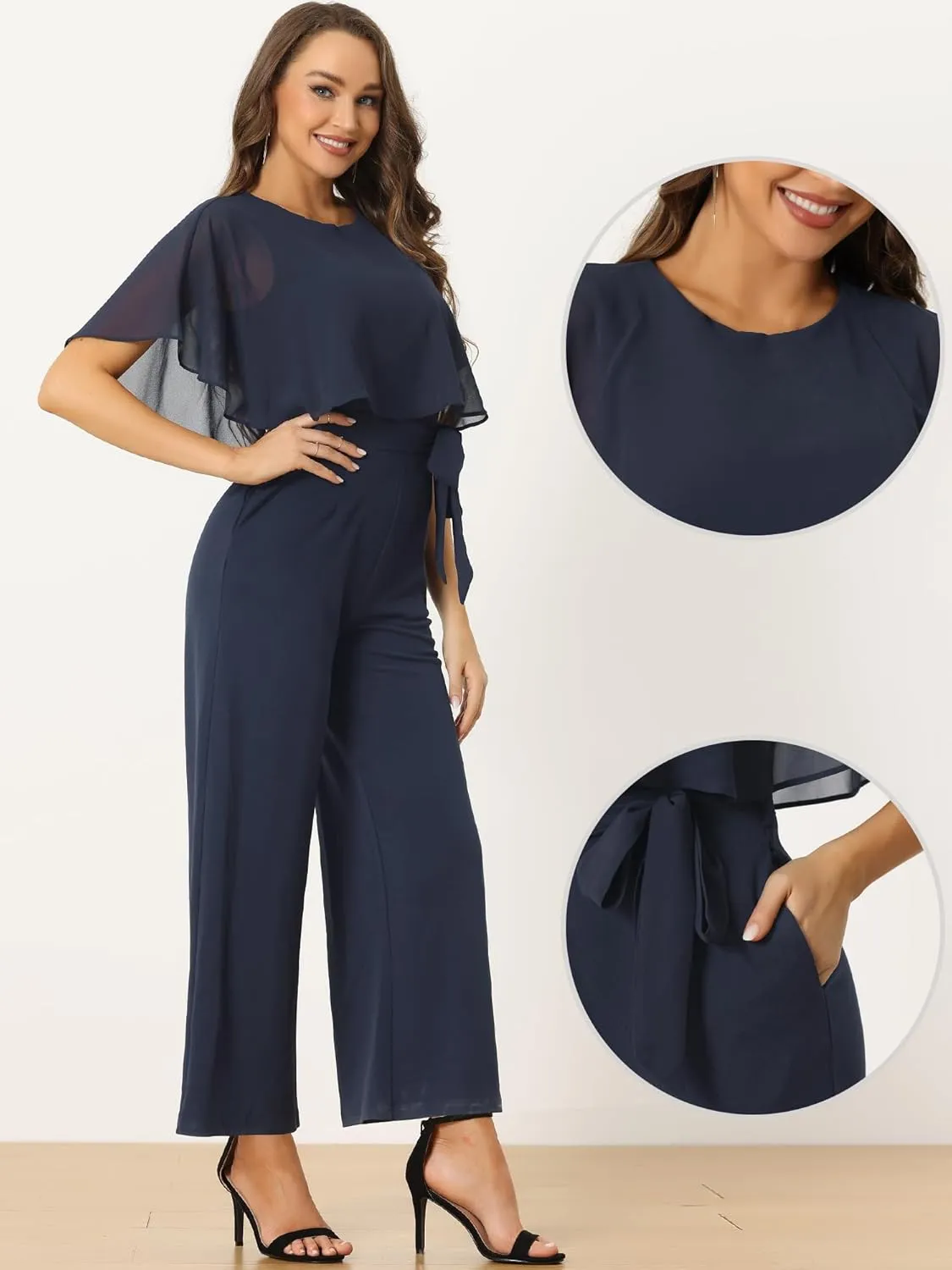 Allegra K Ruffle Sleeve Jumpsuit for Women's Dressy Casual Tie Waist Wide Leg Pants One Piece Outfits