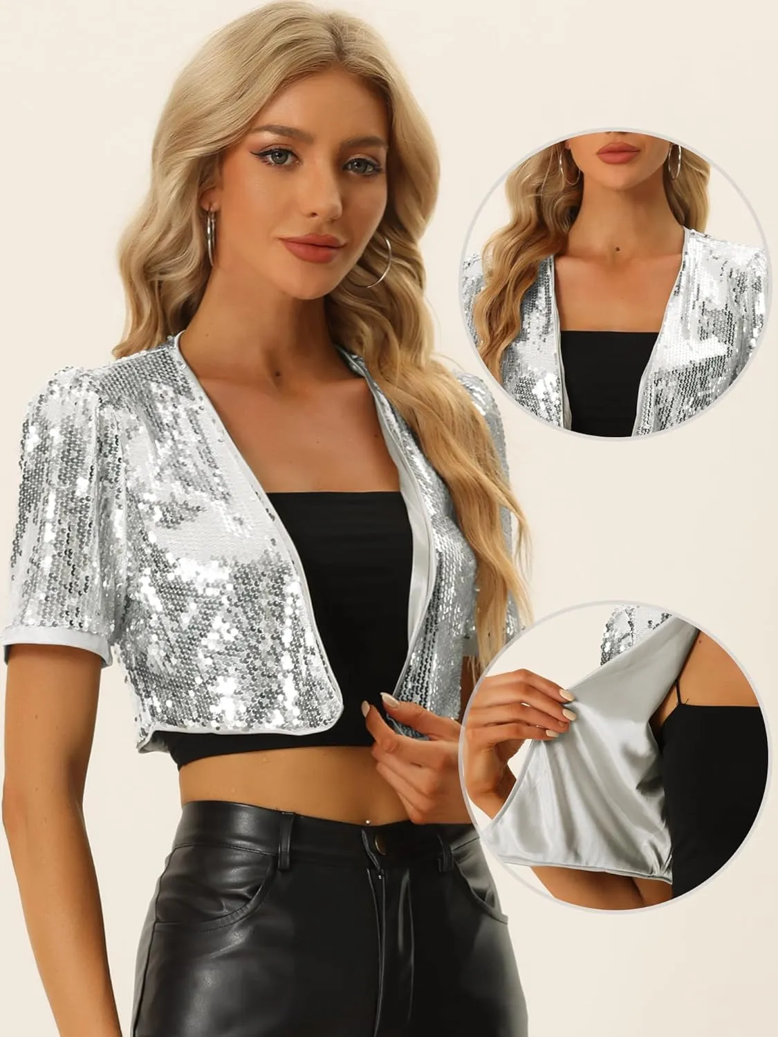 Allegra K Sequin Cardigan for Women's Open Front Jacket Christmas Sparkly Glitter Cropped Shrug Bolero