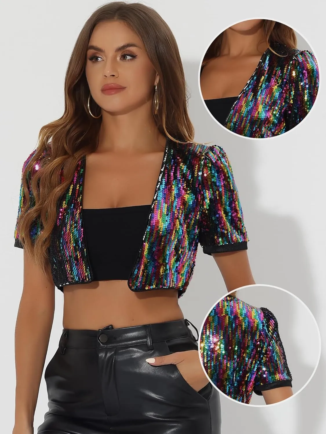 Allegra K Sequin Cardigan for Women's Open Front Jacket Christmas Sparkly Glitter Cropped Shrug Bolero