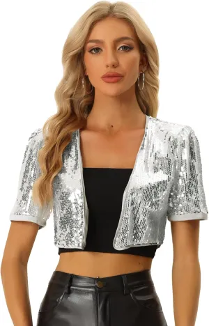 Allegra K Sequin Cardigan for Women's Open Front Jacket Christmas Sparkly Glitter Cropped Shrug Bolero