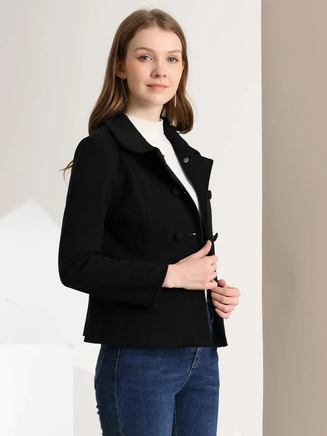Allegra K Women's Peter Pan Collar Peacoat Double Breasted Short Coat