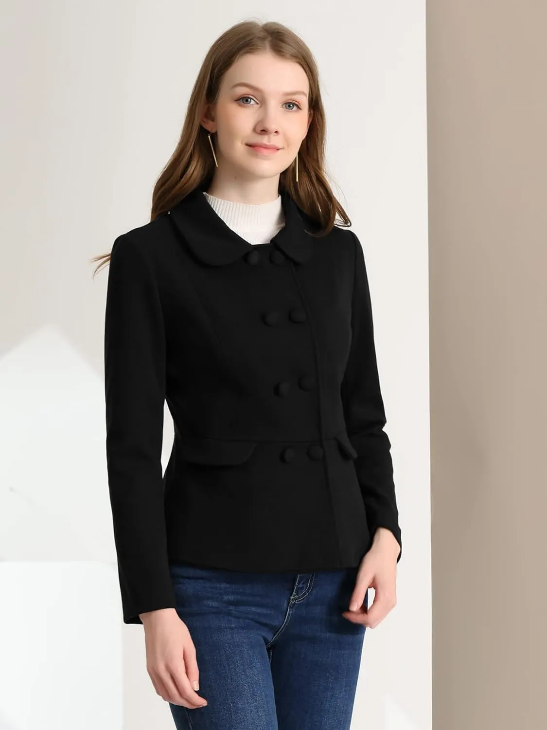 Allegra K Women's Peter Pan Collar Peacoat Double Breasted Short Coat