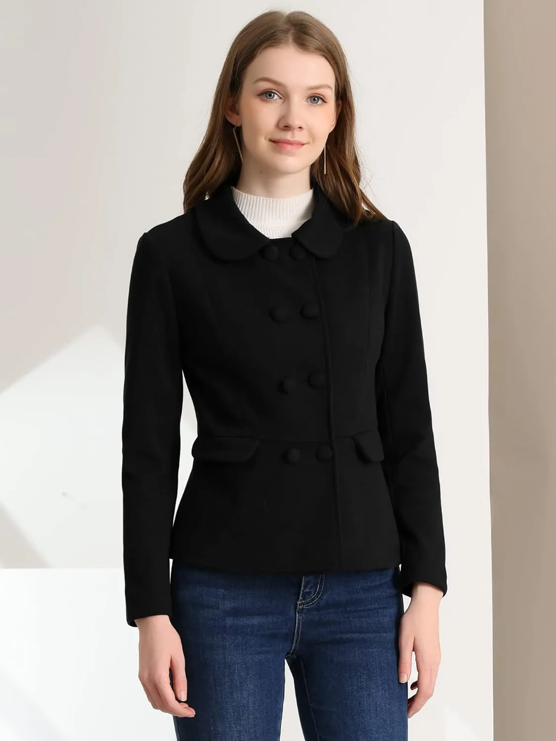 Allegra K Women's Peter Pan Collar Peacoat Double Breasted Short Coat