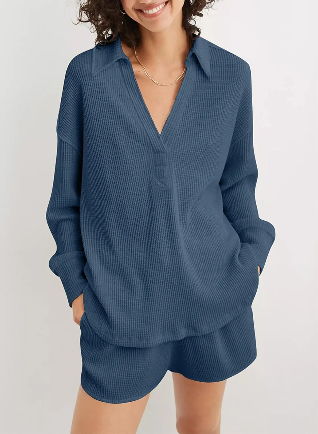 AlvaQ Womens Oversized Sweatshirt Loose V Neck Long Sleeve Lapel Collared Waffle Knit High Low Pullover Tops