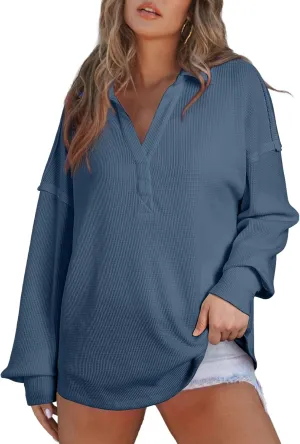 AlvaQ Womens Oversized Sweatshirt Loose V Neck Long Sleeve Lapel Collared Waffle Knit High Low Pullover Tops