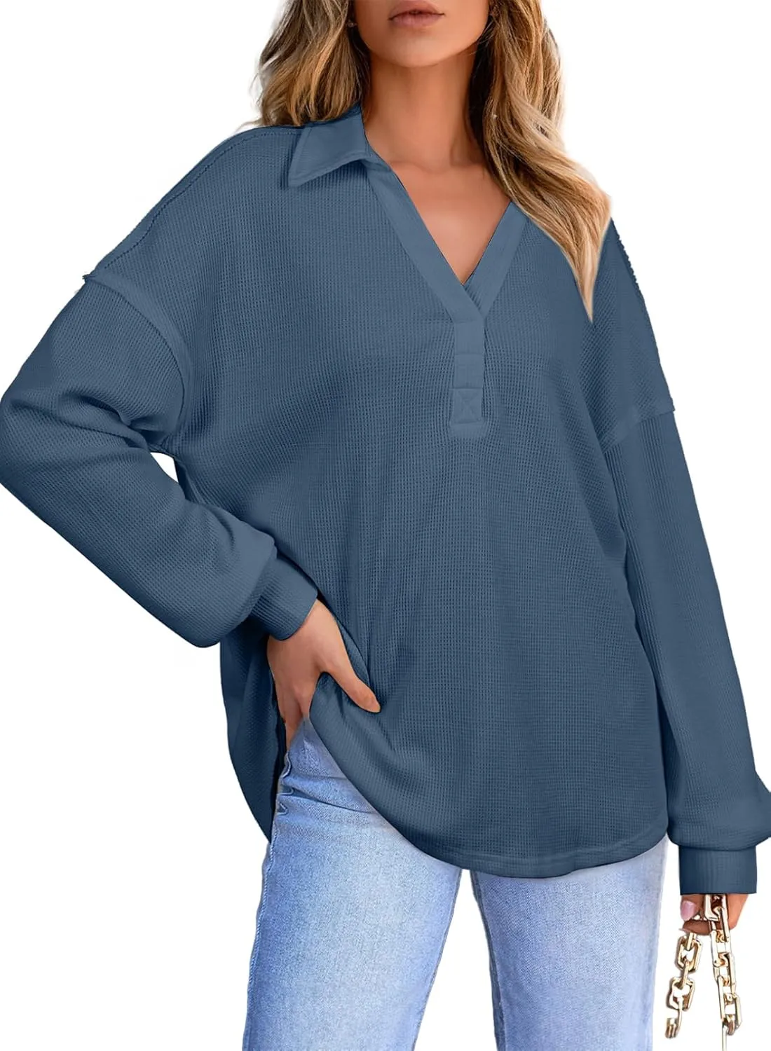 AlvaQ Womens Oversized Sweatshirt Loose V Neck Long Sleeve Lapel Collared Waffle Knit High Low Pullover Tops