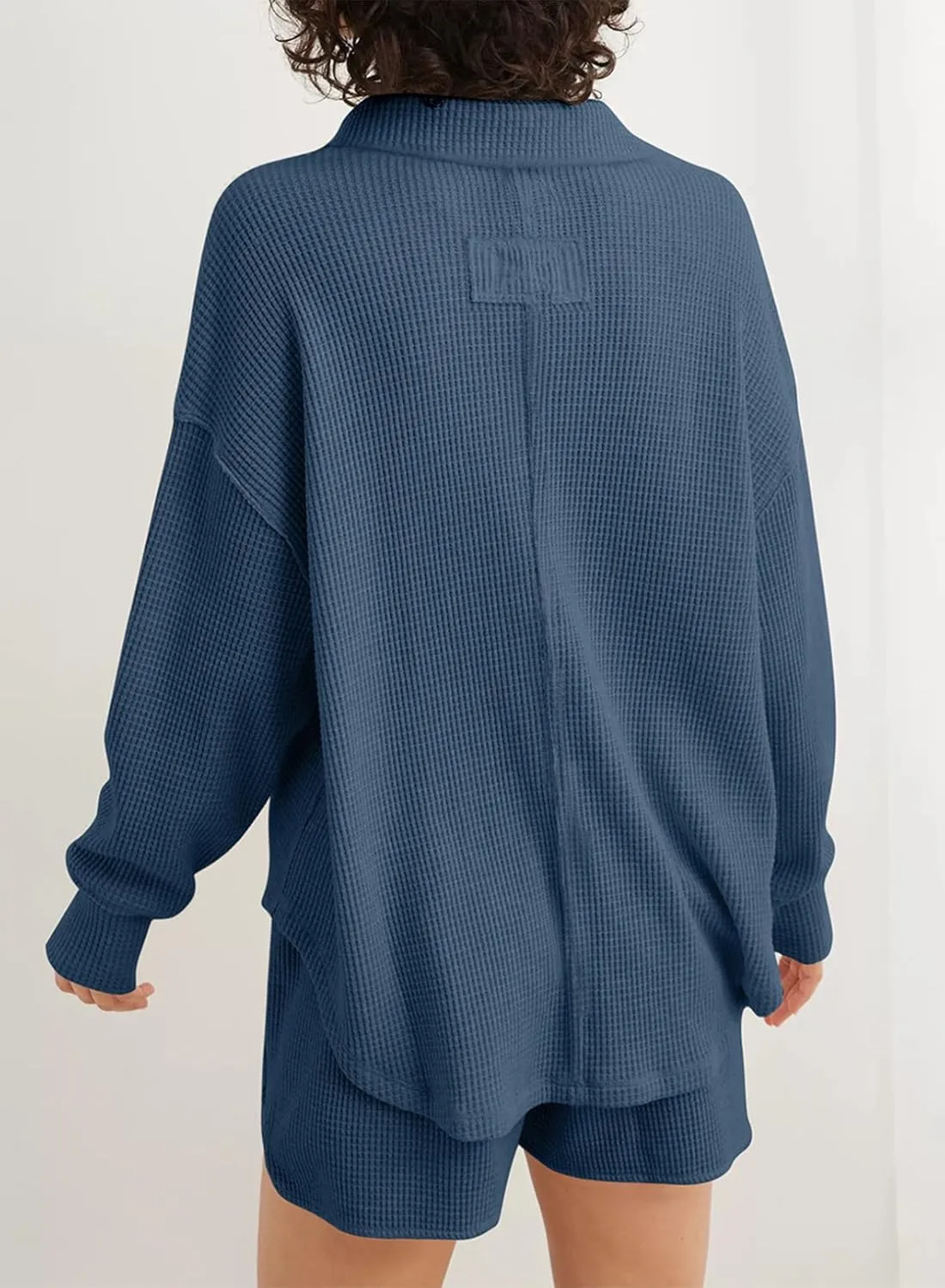 AlvaQ Womens Oversized Sweatshirt Loose V Neck Long Sleeve Lapel Collared Waffle Knit High Low Pullover Tops