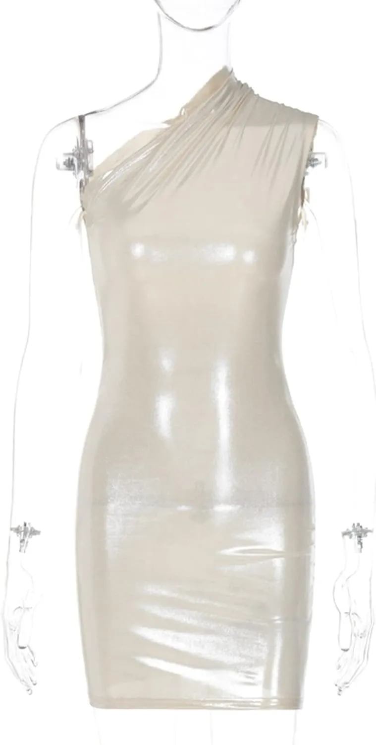 ANKOMINA Women's Sexy Metallic One Shoulder Mini Dress Shiny Sleeveless Bodycon Dresses for Party Club Cocktail