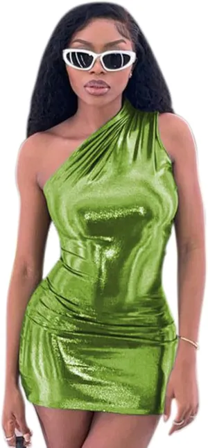 ANKOMINA Women's Sexy Metallic One Shoulder Mini Dress Shiny Sleeveless Bodycon Dresses for Party Club Cocktail