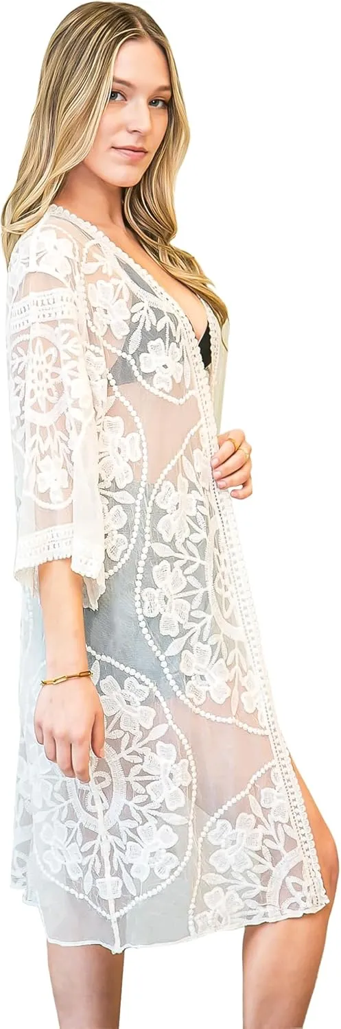 Anna-Kaci Women's Long Embroidered Lace Kimono Half Sleeve Cover Up Cardigan