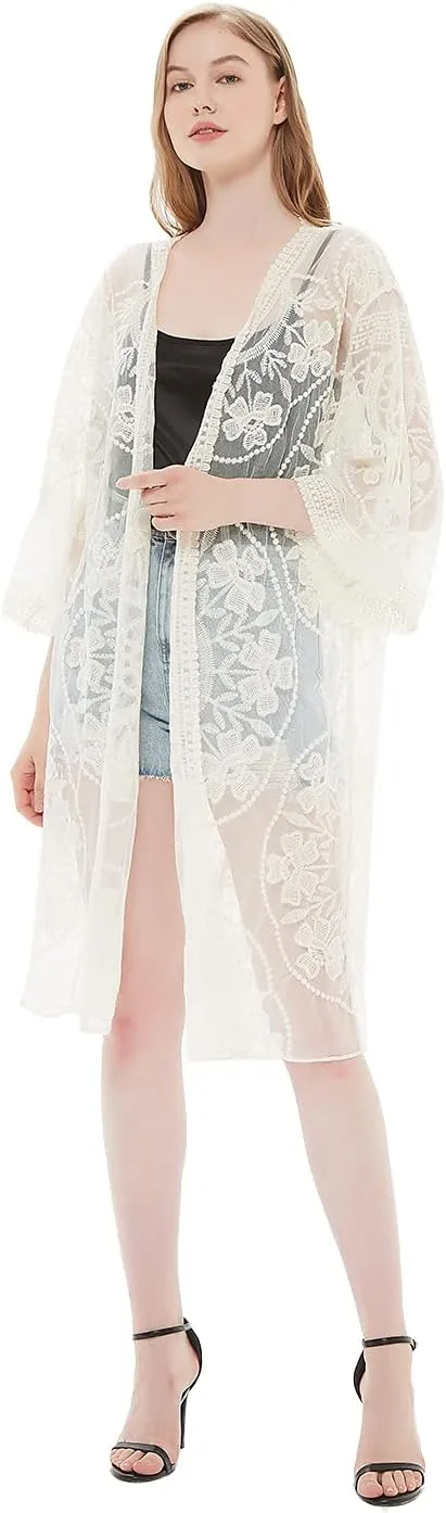 Anna-Kaci Women's Long Embroidered Lace Kimono Half Sleeve Cover Up Cardigan