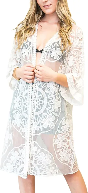 Anna-Kaci Women's Long Embroidered Lace Kimono Half Sleeve Cover Up Cardigan