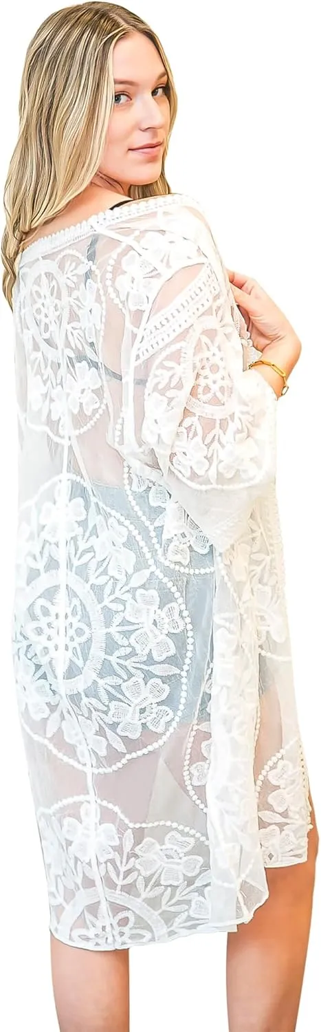 Anna-Kaci Women's Long Embroidered Lace Kimono Half Sleeve Cover Up Cardigan