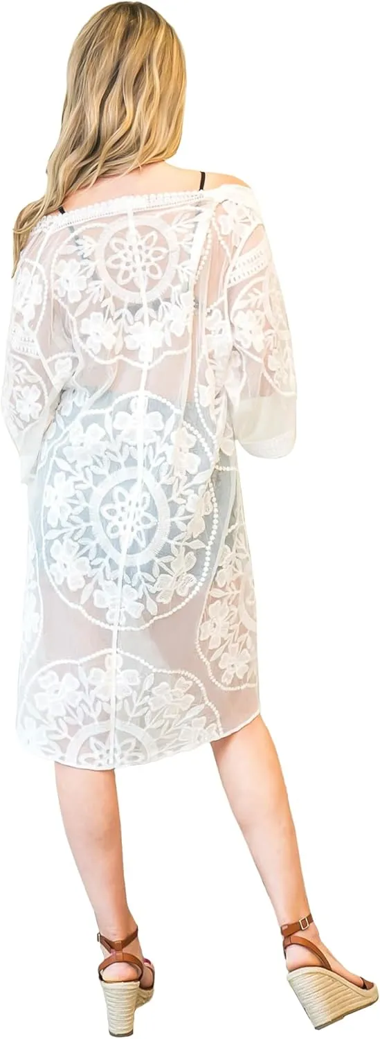 Anna-Kaci Women's Long Embroidered Lace Kimono Half Sleeve Cover Up Cardigan