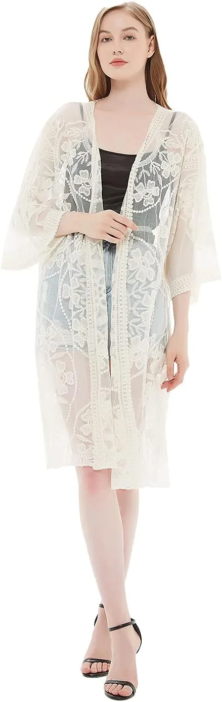Anna-Kaci Women's Long Embroidered Lace Kimono Half Sleeve Cover Up Cardigan
