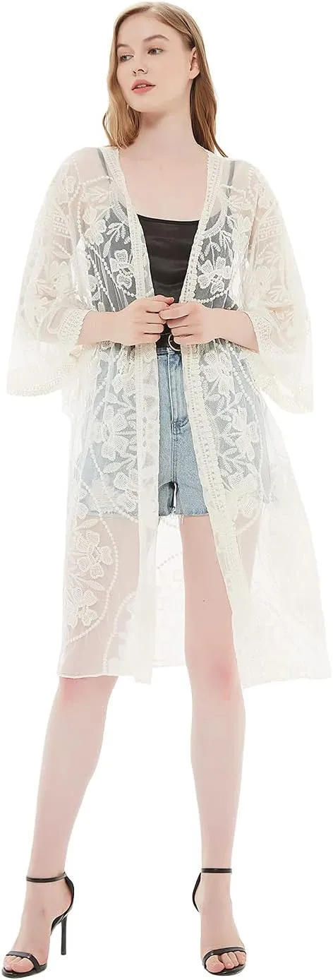 Anna-Kaci Women's Long Embroidered Lace Kimono Half Sleeve Cover Up Cardigan