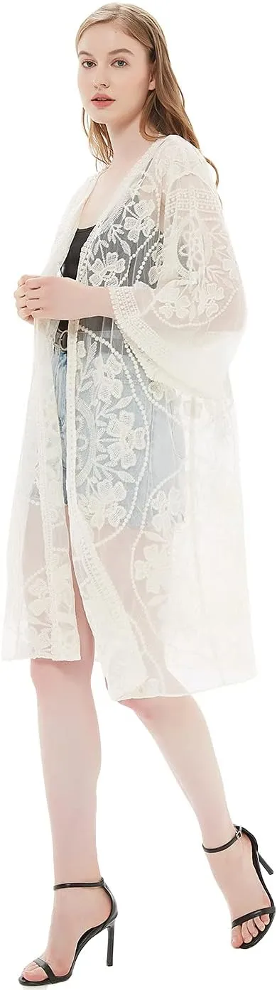 Anna-Kaci Women's Long Embroidered Lace Kimono Half Sleeve Cover Up Cardigan