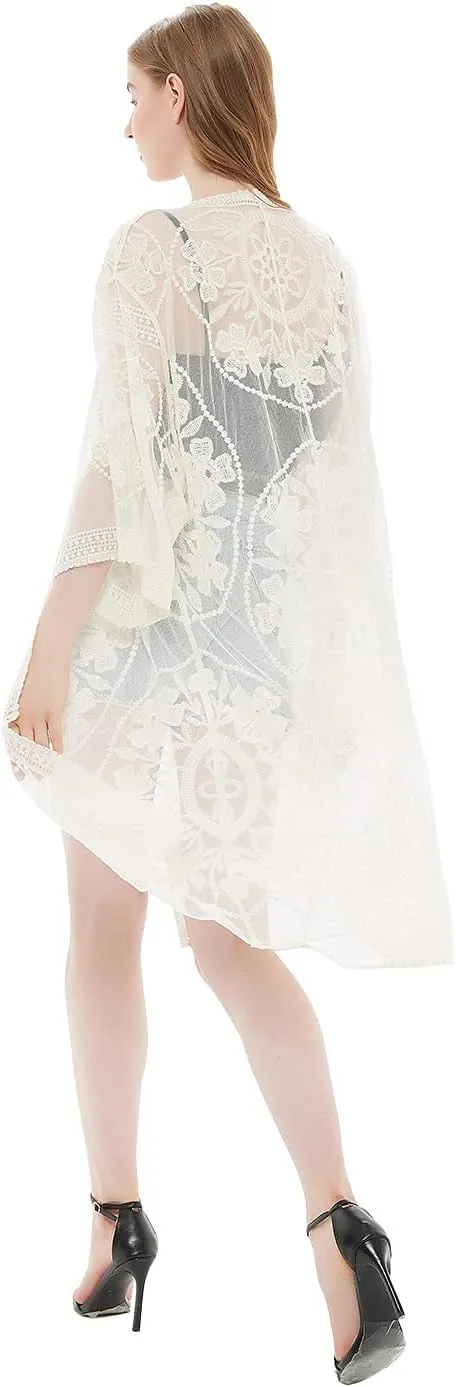 Anna-Kaci Women's Long Embroidered Lace Kimono Half Sleeve Cover Up Cardigan