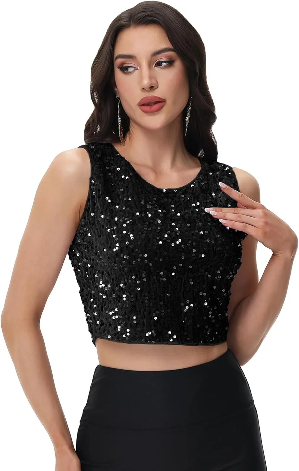 Anna-Kaci Women's Sequin Sleeveless Tops Sparkle Glitter Crew Neck Club Party Nightout Crop Tank Top