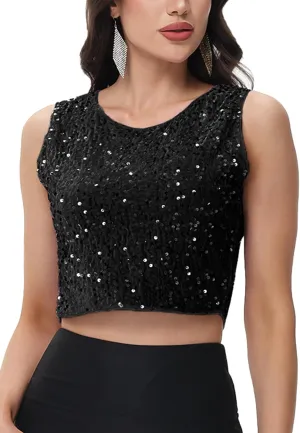 Anna-Kaci Women's Sequin Sleeveless Tops Sparkle Glitter Crew Neck Club Party Nightout Crop Tank Top