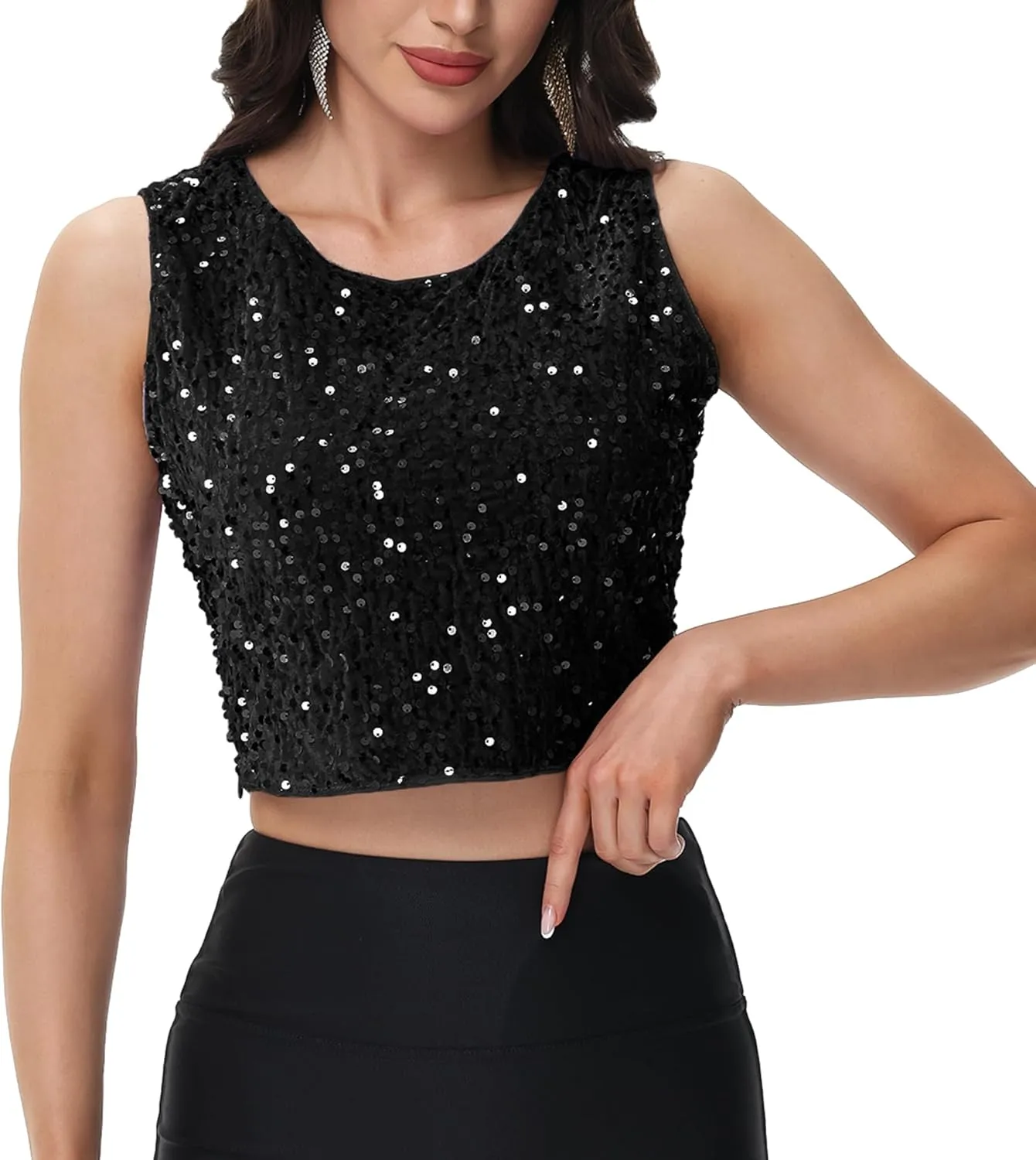 Anna-Kaci Women's Sequin Sleeveless Tops Sparkle Glitter Crew Neck Club Party Nightout Crop Tank Top