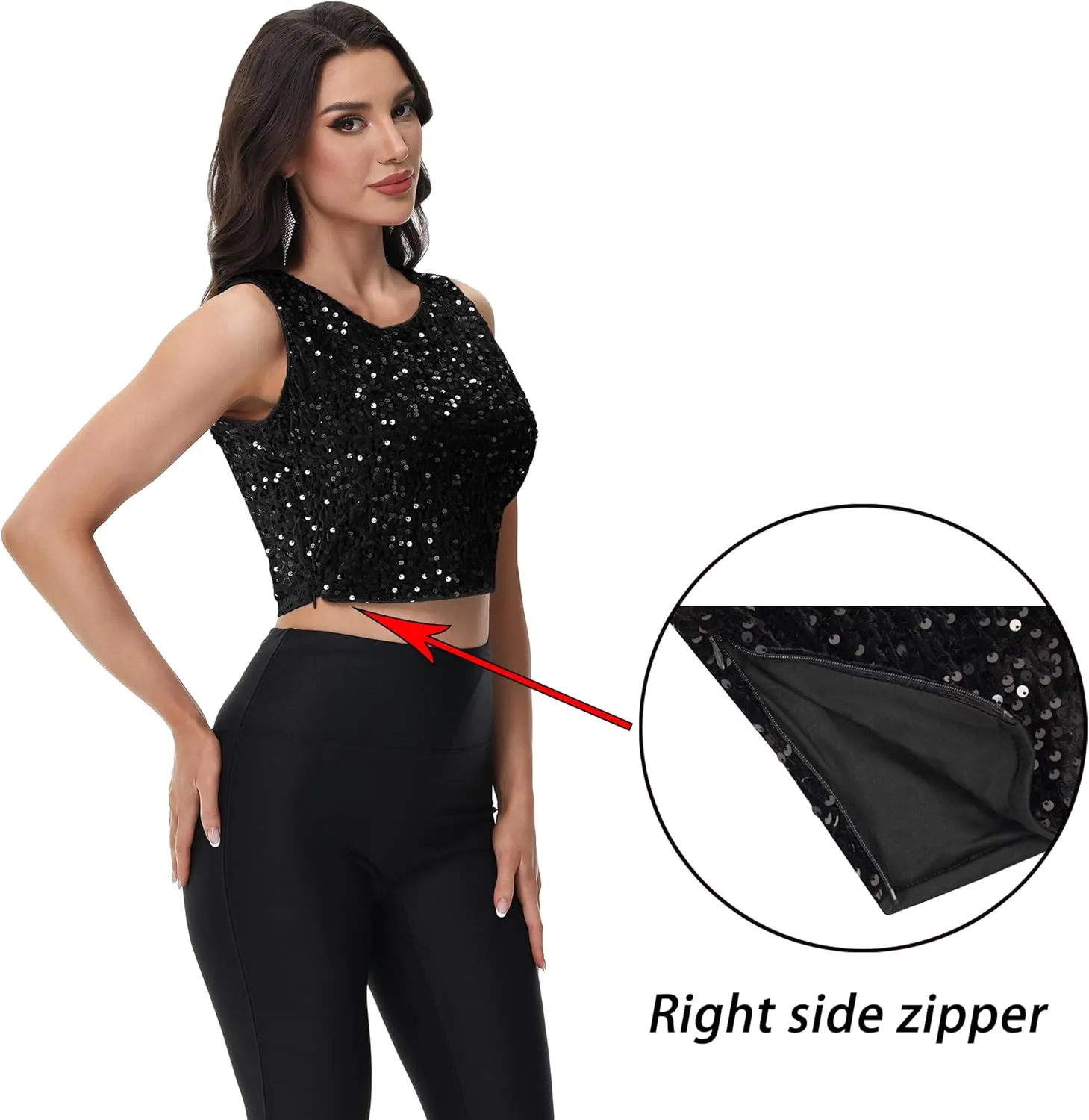 Anna-Kaci Women's Sequin Sleeveless Tops Sparkle Glitter Crew Neck Club Party Nightout Crop Tank Top